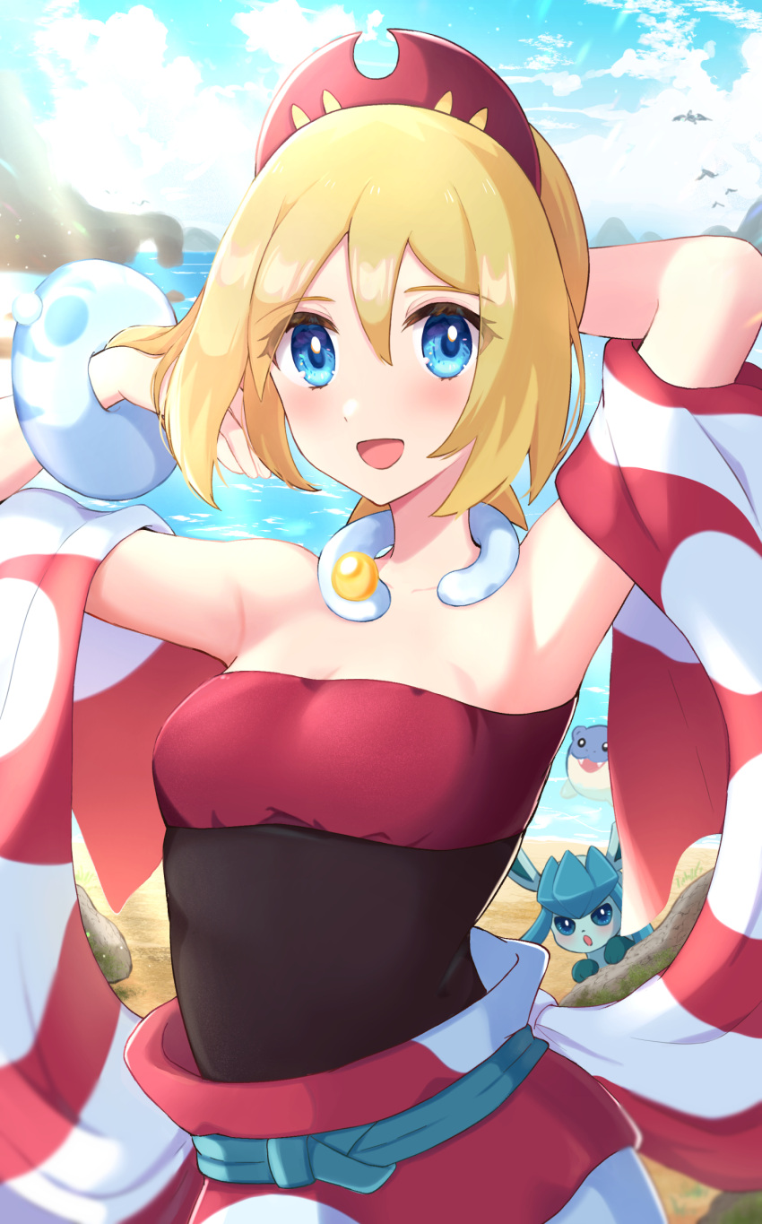 1girl :d absurdres bangs blonde_hair bracelet breasts cleavage cloud collar commentary_request day glaceon hair_between_eyes hairband haru_(haruxxe) highres irida_(pokemon) jewelry medium_hair open_mouth outdoors pokemon pokemon_(creature) pokemon_(game) pokemon_legends:_arceus red_hairband red_shirt sand sash shirt shore sky smile spheal strapless strapless_shirt tongue water