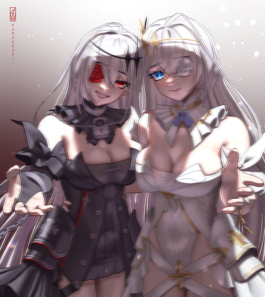 2girls artist_name azur_lane bangs black_dress black_gloves blue_eyes breasts cleavage closed_mouth dress elbow_gloves emden_(azur_lane) eyebrows_visible_through_hair eyepatch flower gloves hair_ornament highres kashenori lips long_hair looking_at_viewer medium_breasts multiple_girls open_mouth parted_lips partially_fingerless_gloves red_eyes red_flower red_rose rose siblings silver_hair simple_background sisters smile smirk standing teeth_hold white_dress white_flower white_rose