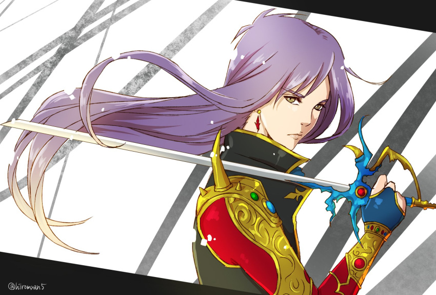 1girl closed_mouth earrings faris_scherwiz final_fantasy final_fantasy_v green_eyes highres hiromyan jewelry long_hair looking_at_viewer purple_hair single_earring solo sword twitter_username weapon