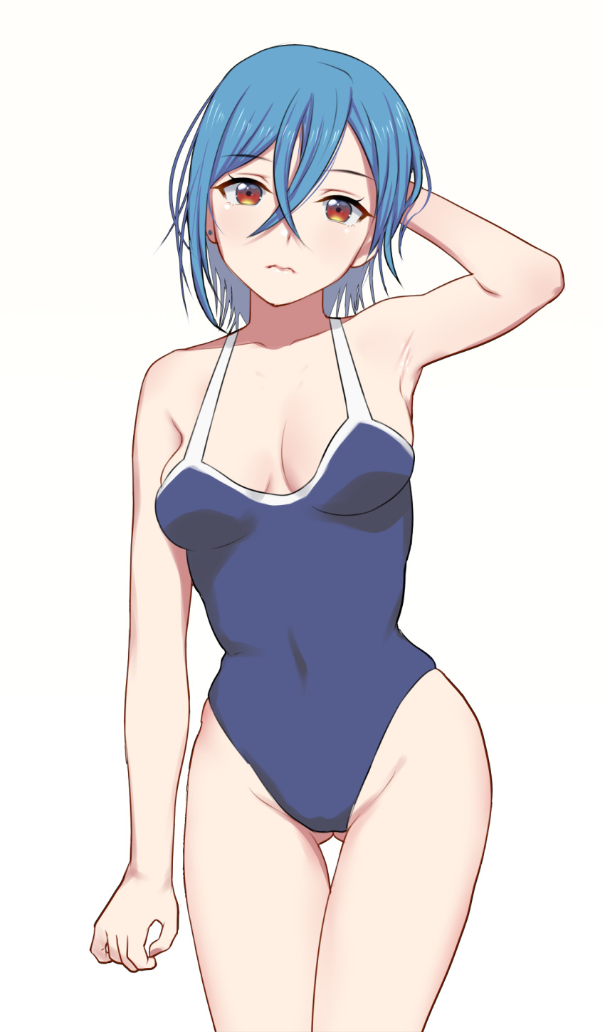 arm_up armpits arms_behind_head ass_visible_through_thighs blue_hair blue_swimsuit breasts cleavage closed_mouth commentary_request es_es_vril_es expressionless eyebrows_visible_through_hair eyelashes groin hair_between_eyes highleg highleg_swimsuit highres lips looking_at_viewer love_live! love_live!_superstar!! medium_breasts red_eyes school_swimsuit short_hair solo swimsuit thighs wakana_shiki white_background