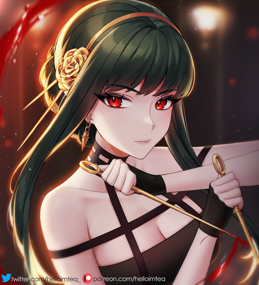 1girl bangs bare_shoulders black_dress black_gloves black_hair blood blood_on_weapon breasts cleavage collarbone dagger dress earrings fingerless_gloves gloves gold_earrings gold_hairband helloimtea highres holding holding_dagger holding_weapon jewelry knife large_breasts long_hair looking_at_viewer red_eyes rose_hair_ornament sidelocks solo spy_x_family weapon yor_briar
