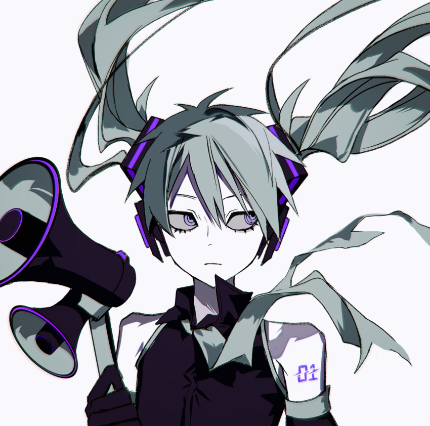 1girl @_@ bags_under_eyes blue_hair collared_shirt expressionless floating_hair gloves hair_ornament hatsune_miku headphones hemostatic highres holding holding_megaphone koi_wa_sensou_(vocaloid) long_hair looking_to_the_side megaphone necktie purple_eyes shirt sleeveless sleeveless_shirt solo torn_clothes torn_necktie twintails vocaloid