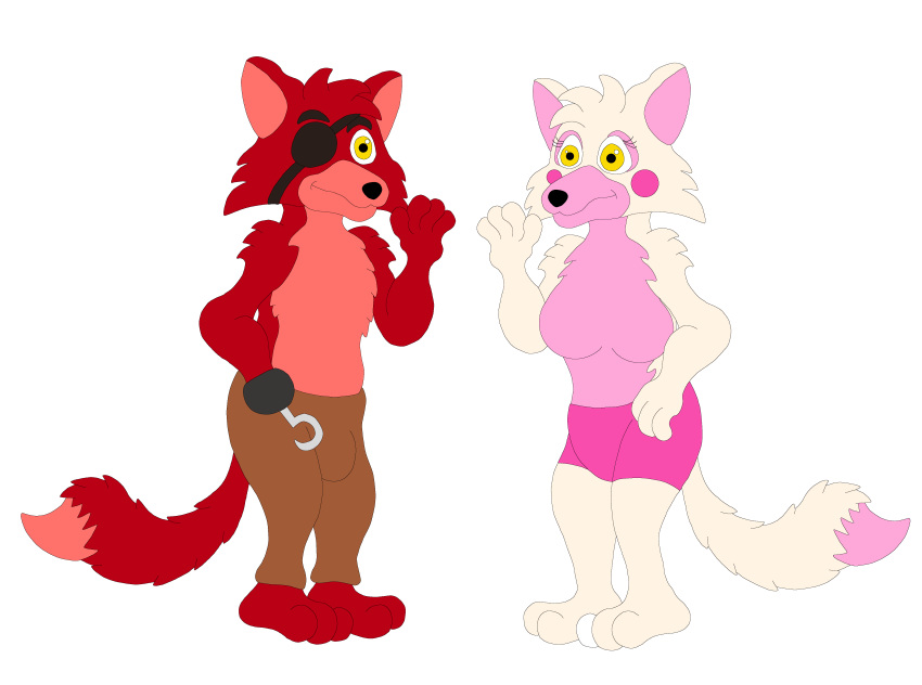 absurd_res animatronic anthro bottomwear breasts bulge canid canine clothing darkbolt duo eye_patch eyebrows eyewear female five_nights_at_freddy's five_nights_at_freddy's_2 fox foxy_(fnaf) fur hi_res hook machine male mammal mangle_(fnaf) pants pink_body pink_fur red_body red_fur robot scottgames video_games white_body white_fur yellow_eyes