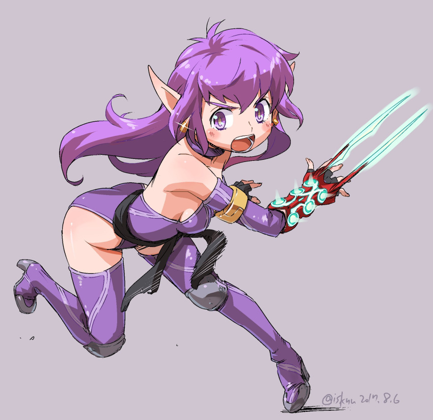 1girl bare_shoulders breasts choker earrings elbow_gloves fingerless_gloves full_body gloves highres isedaichi_ken jewelry leotard long_hair looking_at_viewer nei open_mouth phantasy_star phantasy_star_ii pointy_ears purple_eyes purple_hair purple_leotard simple_background solo thighhighs weapon