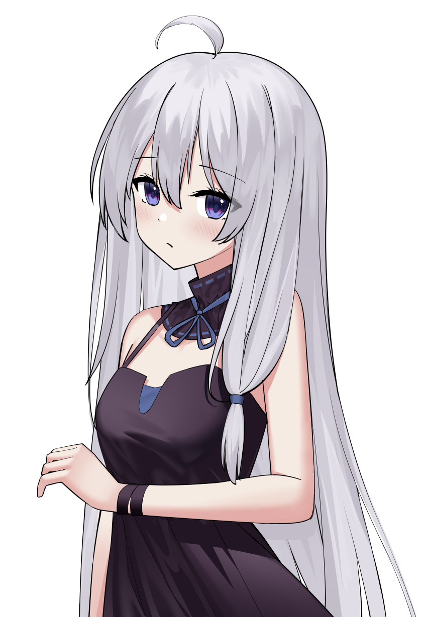 1girl absurdres ahoge bangs black_dress closed_mouth dress elaina_(majo_no_tabitabi) eyebrows_visible_through_hair grey_hair hair_between_eyes highres long_hair looking_at_viewer majo_no_tabitabi nagisa_(cxcx5235) off-shoulder_dress off_shoulder purple_eyes simple_background solo upper_body white_background