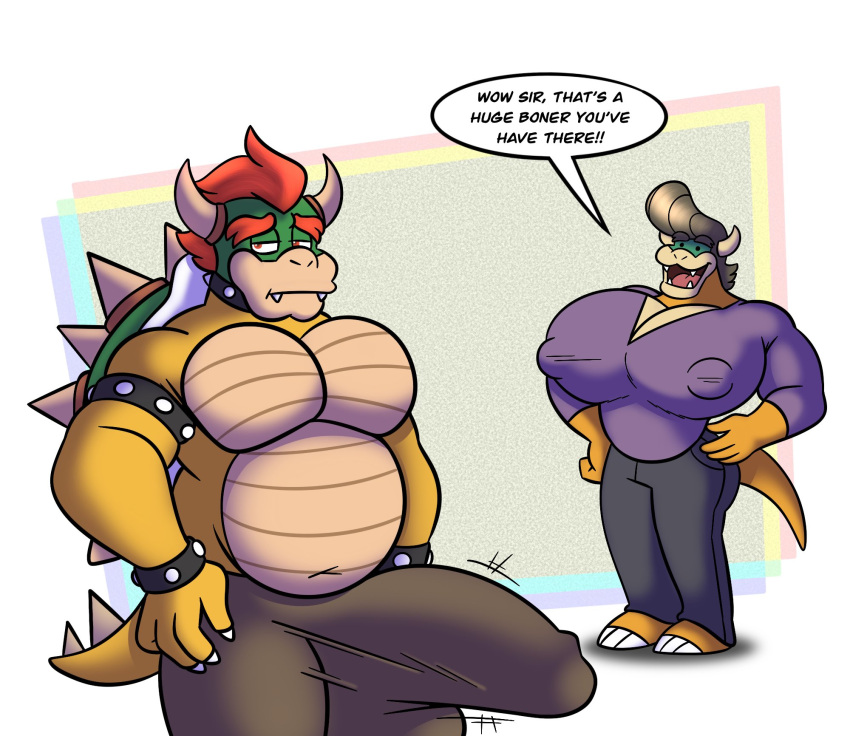 anthro armband big_pecs big_penis bottomwear bowser bracelet bulge clothed clothing colelucario collar dominic_(colelucario) duo english_text erection erection_under_clothing genital_outline genitals hair hi_res horn huge_pecs huge_penis jewelry koopa male mario_bros musclegut muscular muscular_anthro muscular_male nintendo nipple_outline pants pecs penis penis_outline pompadour purple_clothing purple_shirt purple_topwear red_hair reptile scalie shell shirt speech_bubble spiked_shell spikes spikes_(anatomy) text topwear video_games