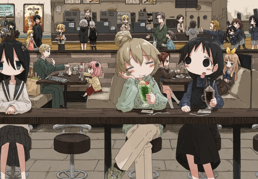 &gt;_&lt; 6+girls :3 akiyama_mio anya_(spy_x_family) araragi_koyomi bag baguette bakemonogatari bar_stool black_hair blonde_hair blush bread cafe cake character_request chito_(shoujo_shuumatsu_ryokou) closed_eyes commentary_request crossed_legs drinking drinking_straw eyebrows_visible_through_hair food gakuran grocery_bag guitar_case hair_bun hairband hibike!_euphonium highres hirasawa_yui hood hoodie instrument_case k-on! leoleonardk10 long_hair monogatari_(series) multiple_girls nakagawa_natsuki nakano_azusa newspaper open_mouth oshino_shinobu parfait pink_hair plastic_bag pleated_skirt pointing pointing_at_self school_uniform shopping_bag short_hair shoujo_shuumatsu_ryokou skirt slouching spy_x_family stool sweater tainaka_ritsu tareme twilight_(spy_x_family) white_hair yoshikawa_yuuko yuuri_(shoujo_shuumatsu_ryokou)