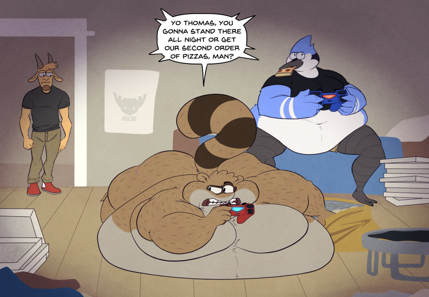 absurd_res angry angry_eyes anthro ass_up avian basicbiscuit bedroom_eyes belly belly_on_ground belly_overhang big_belly big_butt big_pecs bird bird_legs blue_body blue_feathers bottomwear bovid brown_body brown_fur butt caprine cartoon_network clenched_teeth clothed clothing controller dialogue eating eating_food feathers feet food fur game_controller gaming group hi_res horn huge_butt huge_hips huge_thighs hyper hyper_belly inside looking_aside looking_at_another looking_back looking_down male male/male mammal morbidly_obese morbidly_obese_anthro morbidly_obese_male morbily_obese mordecai_(regular_show) multicolored_body multicolored_feathers multicolored_fur muscular muscular_male nacked narrowed_eyes navel nude obese obese_anthro obese_male overweight overweight_anthro overweight_male pants partially_clothed pecs pizza pizza_box playing_videogame procyonid raccoon regular_show rigby_(regular_show) seductive shirt short_clothing shorts sitting size_difference speech_bubble spread_legs spreading standing teeth thick_thighs thomas_(regular_show) topwear trampoline trio two_tone_body two_tone_feathers two_tone_fur ves video_games waiting wide_hips