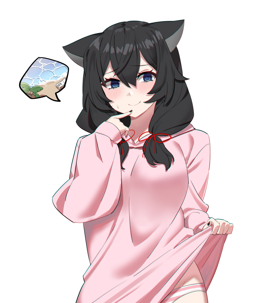 1girl @_@ absurdres animal_ears bangs black_hair black_nails blue_eyes blush cat_ears cat_girl dangogo eyebrows_visible_through_hair finger_to_mouth hair_between_eyes hair_ribbon highres hood hoodie hoodie_lift lifted_by_self long_hair low_twintails nail_polish original panties pink_hoodie pink_panties ribbon simple_background smile solo striped striped_panties sweatdrop thought_bubble twintails underwear upper_body white_background white_panties