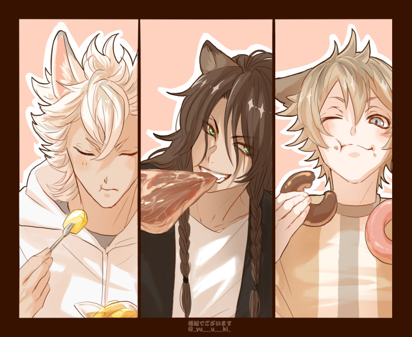 3boys ;) animal_ears biting blonde_hair border braid brown_hair closed_eyes column_lineup doughnut eating food food_in_mouth food_request fork green_eyes grey_eyes hood hoodie hyena_ears jack_howl leona_kingscholar lion_ears long_hair looking_at_viewer male_focus meat multiple_boys one_eye_closed portrait raw_meat ruggie_bucchi scar scar_across_eye shirt smile spiked_hair steak twisted_wonderland twitter_username v-shaped_eyebrows white_hair white_shirt wolf_ears yellow_shirt yuuki_(yukko7474) zipper