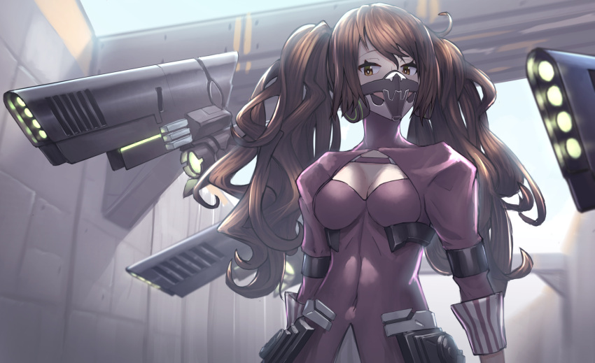 1girl arms_at_sides brown_eyes brown_hair commentary_request covered_navel girls'_frontline highres hispol_(04-uma-alpha) juliet_sleeves long_hair long_sleeves mask puffy_sleeves respirator sangvis_ferri scarecrow_(girls'_frontline) solo twintails