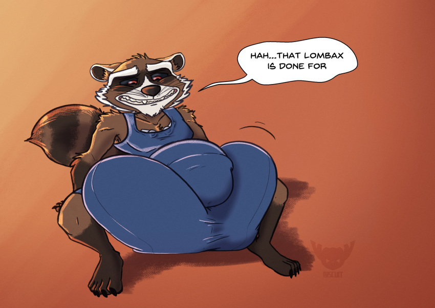 anthro balls balls_in_underwear basicbiscuit big_balls big_bulge big_penis blue_clothing brown_body brown_fur bulge clothing dialogue english_text feet fluffy fluffy_tail from_front_position fur genitals guardians_of_the_galaxy hi_res huge_balls huge_bulge huge_penis hyper hyper_bulge hyper_genitalia looking_down male mammal marvel motion_lines multicolored_body multicolored_fur overalls penile penis procyonid raccoon red_eyes rocket_raccoon simple_background sitting smile solo speech_bubble tail text tight_clothing