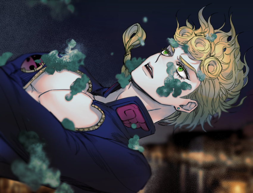 1boy blonde_hair braid braided_ponytail bug eyelashes falling giorno_giovanna green_day_(stand) green_eyes highres jojo_no_kimyou_na_bouken ladybug male_focus mold open_mouth ranch_jjba solo vento_aureo