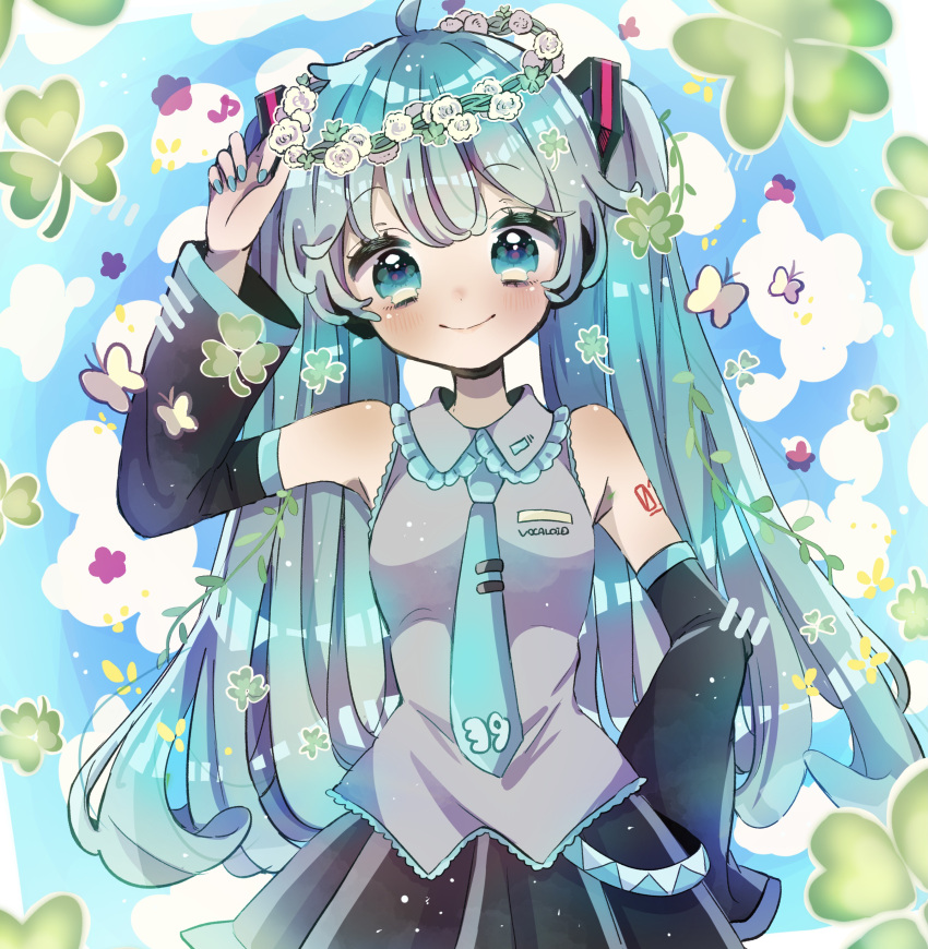 1girl :&gt; absurdres ahoge arm_up bangs bare_shoulders belt blue_eyes blue_hair blush bug butterfly closed_mouth clover collar collared_shirt day detached_sleeves frilled_collar frills hair_ornament hand_on_headwear hand_on_hip hatsune_miku head_wreath highres long_hair long_sleeves nagihoko nail_polish necktie pleated_skirt shirt skirt sky sleeveless sleeveless_shirt smile solo tie_clip twintails vocaloid