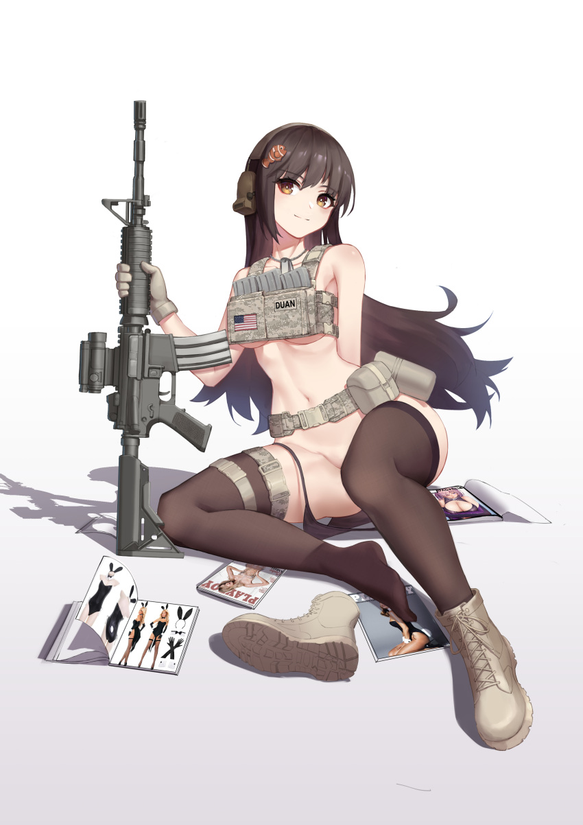 1girl absurdres american_flag ankle_boots arm_behind_head bare_shoulders belt belt_pouch black_legwear black_panties book boots bottomless breasts brown_eyes brown_footwear brown_hair closed_mouth clownfish ear_protection fish_hair_ornament full_body gun hair_ornament highres holding holding_gun holding_weapon long_hair looking_at_viewer mausratten medium_breasts navel open_book original panties playboy pouch side-tie_panties simple_background single_boot sitting smile solo stomach thigh_strap thighhighs underboob underwear untied untied_panties very_long_hair weapon weapon_request white_background