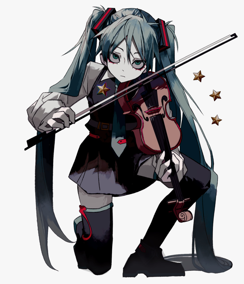 1girl bangs belt blank_stare blue_hair boots bow_(music) closed_mouth collared_shirt colored_skin dress empty_eyes expressionless green_eyes hair_ornament hatsune_miku hemostatic highres holding holding_instrument instrument long_hair long_sleeves music necktie one_knee playing_instrument pleated_dress shirt short_dress sleeveless sleeveless_dress solo star_(symbol) thigh_boots thighhighs tie_clip twintails very_long_hair vocaloid white_skin