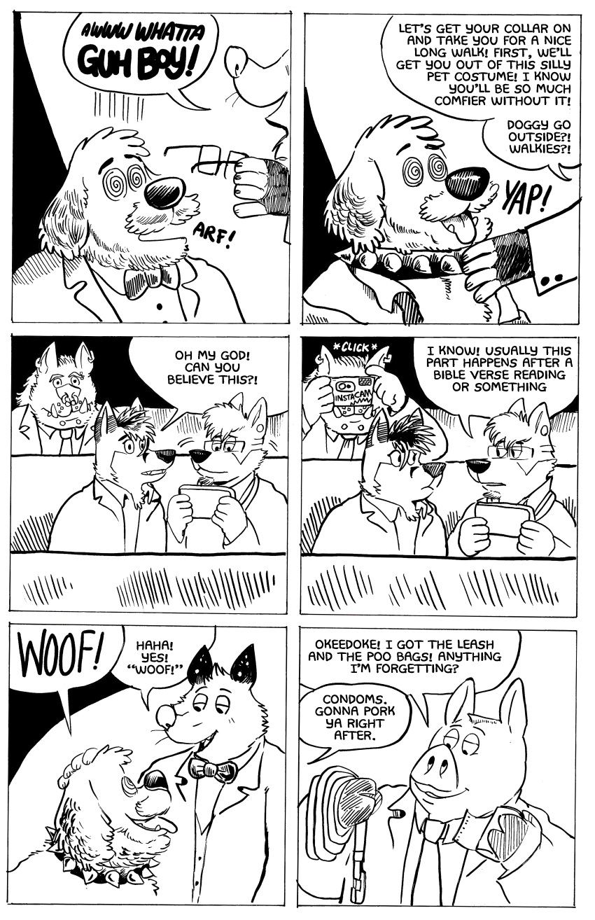 absurd_res anthro billy_fore bird_dog bunraku canid canine canis clothing collar coyote dialogue didelphid domestic_dog domestic_pig eyewear fox glasses golden_retriever good_boy group hi_res hunting_dog hyaenid hypnosis kon_shearo leash male male/male mammal marsupial mind_control petplay praise retriever roleplay suid suina suit sus_(pig) undressing wedding