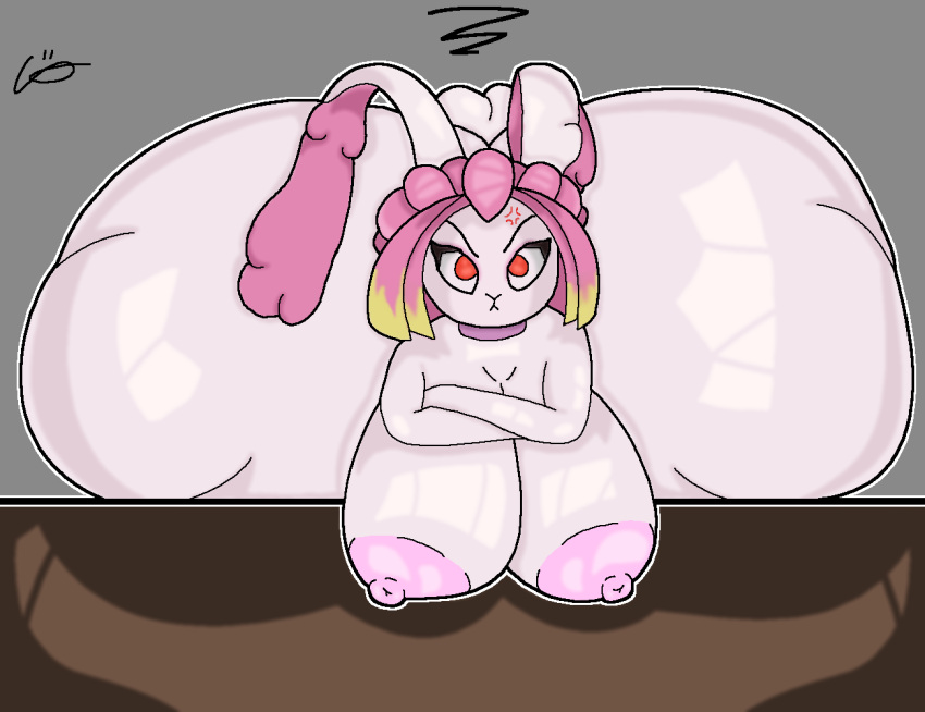 angry anthro big_breasts big_butt breasts butt crossed_arms dyed-hair female fluffy fluffy_tail gunfire_reborn hair hi_res huge_butt lagomorph leporid long_ears mammal pink_hair rabbit red_eyes solo solo_focus tao_(gunfire_reborn) video_games voidbeerfloat