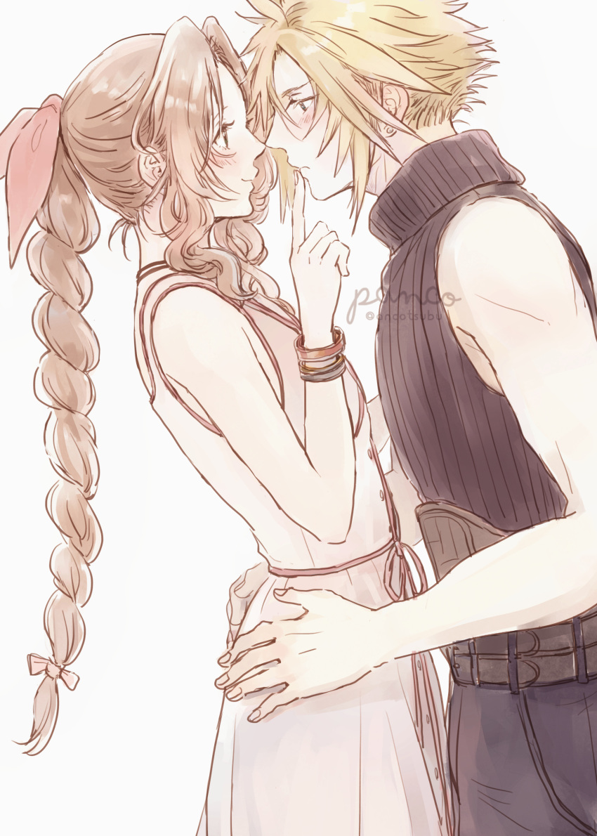 1boy 1girl absurdres aerith_gainsborough ancotsubu armor_removed bangs bare_arms belt blonde_hair blue_pants blue_shirt blush bracelet braid braided_ponytail cloud_strife couple dress final_fantasy final_fantasy_vii final_fantasy_vii_remake finger_to_another's_mouth hair_ribbon hands_on_another's_hips highres imminent_kiss jacket jacket_removed jewelry long_dress multiple_belts pants parted_bangs pink_dress profile ribbon shirt sidelocks sleeveless sleeveless_turtleneck spiked_hair turtleneck upper_body