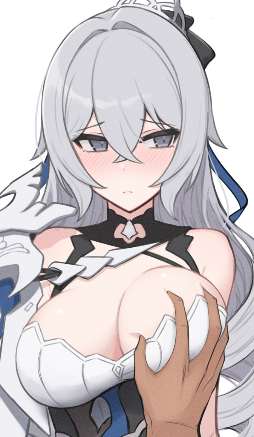 1boy 1girl armor bangs blush breast_grab breasts bronya_zaychik bronya_zaychik_(silverwing:_n-ex) closed_mouth drill_hair eyebrows_visible_through_hair grabbing grey_eyes hair_ornament highres honkai_(series) honkai_impact_3rd large_breasts long_hair looking_to_the_side okura_(user_ffne5277) out_of_frame pauldrons shoulder_armor silver_hair single_pauldron twin_drills