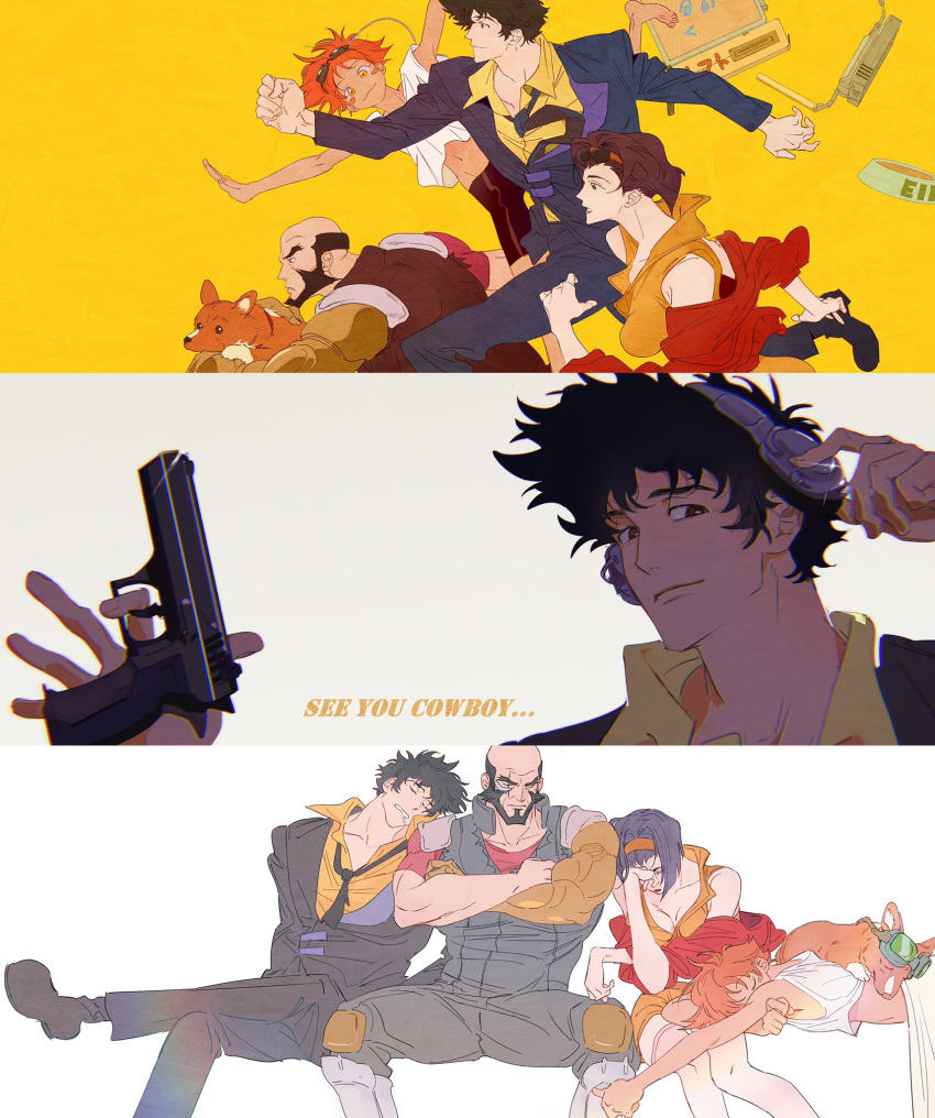 11114tai 2girls 3boys balding beard black_hair black_jacket black_pants bowl breasts cleavage collarbone cowboy_bebop crossed_arms edward_wong_hau_pepelu_tivrusky_iv ein_(cowboy_bebop) english_text facial_hair faye_valentine goggles goggles_on_head green_hair gun hair_between_eyes hairband handgun highres holding holding_gun holding_weapon jacket jet_black loose_necktie medium_breasts midriff multiple_boys multiple_girls multiple_views navel necktie outstretched_arms pants pet_bowl prosthesis prosthetic_arm purple_hair red_hair red_shawl running scar scar_across_eye shawl shirt short_hair short_sleeves shorts sitting spike_spiegel thighhighs torn_clothes torn_sleeves upper_body vest weapon welsh_corgi white_background white_shirt yellow_background yellow_shirt yellow_shorts