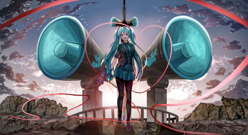 1girl absurdres bangs black_jacket black_legwear blue_eyes blue_gloves blue_hair blue_necktie blue_skirt cloud collared_jacket floating_hair full_body gloves hair_between_eyes hair_ornament hatsune_miku highres holding holding_megaphone hwa_n01 jacket koi_wa_sensou_(vocaloid) long_hair looking_at_viewer megaphone miniskirt necktie open_mouth outdoors pantyhose pleated_skirt short_sleeves skirt sky solo sparkle star_(sky) starry_sky twintails very_long_hair vocaloid wing_collar