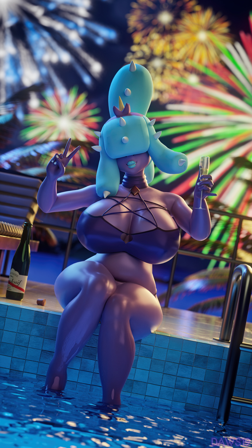 2021 3d_(artwork) absurd_res alcohol artist_name beverage big_breasts bikini blender_(software) blue_hair breasts champagne clothing container cup curvy_figure daws19 detailed_background digital_media_(artwork) drinking_glass female fingers fireworks gesture glass glass_container glass_cup hair hair_over_eyes hi_res holidays huge_breasts humanoid lips looking_at_viewer mareanie maria_calaveras new_year nintendo outside pok&eacute;mon pok&eacute;mon_(species) purple_body purple_skin sitting smile solo spikes spikes_(anatomy) swimming_pool swimwear thick_thighs v_sign video_games voluptuous water watermark