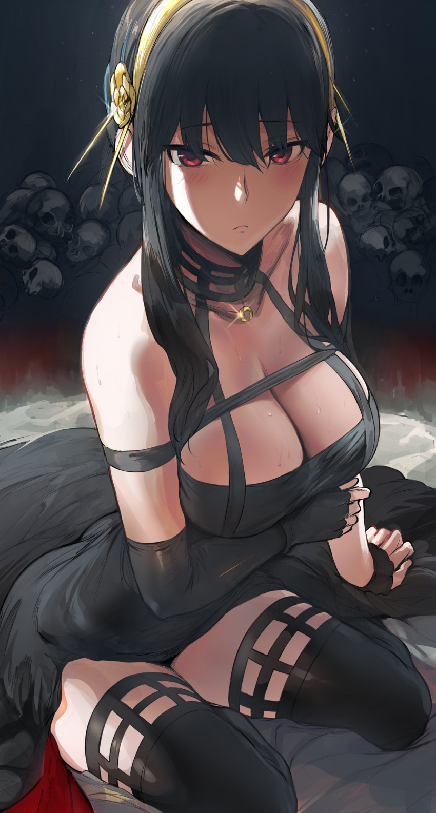 1girl arm_under_breasts bangs bare_shoulders black_dress black_gloves black_hair black_legwear blush breasts cleavage closed_mouth commentary dress elbow_gloves eyebrows_visible_through_hair fingerless_gloves frown glint gloves gold_hairband hair_between_eyes hews highres large_breasts long_hair looking_at_viewer off-shoulder_dress off_shoulder pile_of_skulls red_eyes rose_hair_ornament sidelocks single_elbow_glove single_fingerless_glove sitting skull solo spikes spy_x_family sweat thighhighs two-sided_dress yokozuwari yor_briar zettai_ryouiki