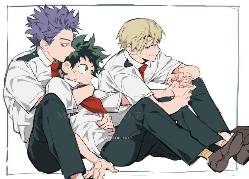 3boys blonde_hair boku_no_hero_academia brown_footwear closed_mouth collared_shirt commentary_request english_commentary freckles green_eyes green_hair green_pants grey_eyes hand_on_ground holding_hands hug looking_at_another male_focus mantos_no.7 midoriya_izuku mixed-language_commentary monoma_neito multiple_boys necktie pants parted_lips purple_eyes purple_hair red_necktie school_uniform shinsou_hitoshi shirt shoes short_hair short_sleeves simple_background sitting smile sweat thai_commentary u.a._school_uniform white_background white_shirt yaoi