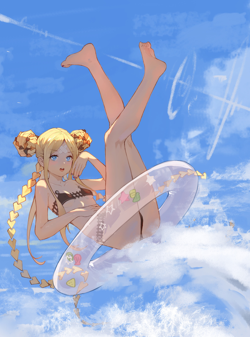 1girl abigail_williams_(emerald_float)_(fate) abigail_williams_(fate) absurdres adapted_costume bandaid bandaid_on_face bandaid_on_forehead bangs bare_arms bare_legs bare_shoulders barefoot bikini black_bikini black_bow blonde_hair blue_eyes blush bow breasts double_bun fate/grand_order fate_(series) full_body hair_bow highres innertube long_hair long_legs looking_at_viewer multiple_bows official_alternate_costume open_mouth orange_bow sidelocks small_breasts solo swimsuit user_capk3588