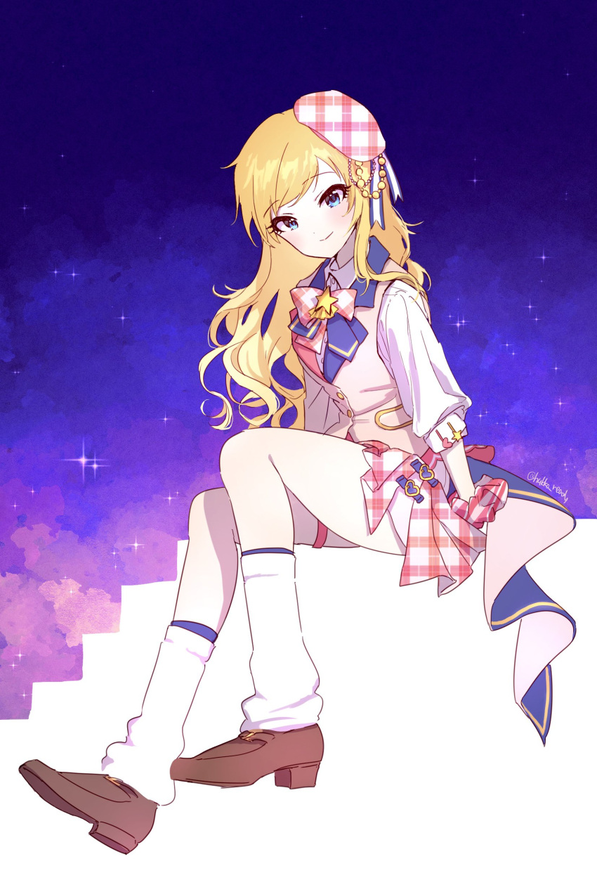 1girl absurdres blonde_hair blush hat highres hukka_(hukka_ready) idol idolmaster idolmaster_cinderella_girls loafers long_hair looking_at_viewer loose_socks mini_hat night night_sky ohtsuki_yui on_stairs shoes sitting sky smile solo stairs star_(sky) thigh_strap