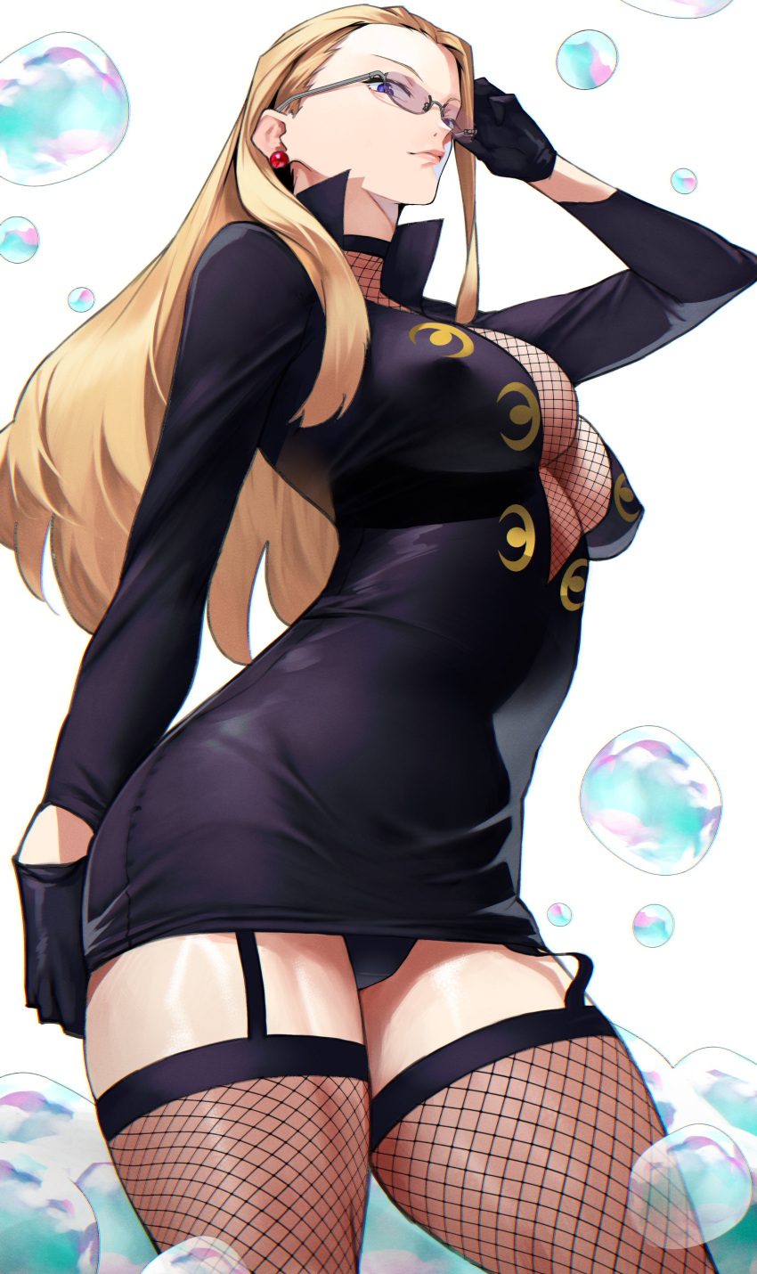1girl absurdres bangs black_dress black_gloves blonde_hair blue_eyes breasts bubble cleavage covered_navel dress earrings fishnet_legwear fishnets glasses gloves highres jewelry kalifa large_breasts long_hair looking_at_viewer one_piece short_dress solo thighs yoshio_(55level)
