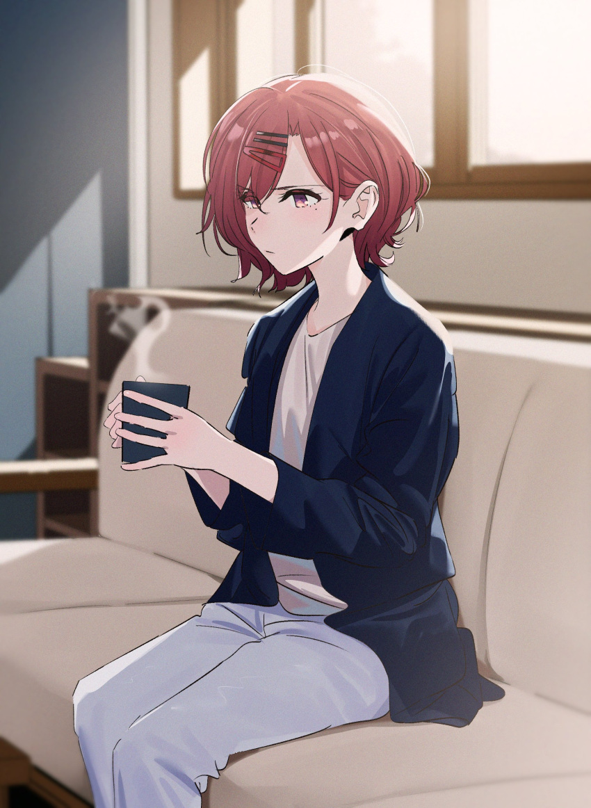 1girl absurdres artist_request bangs black_jacket brown_hair couch cup day film_grain hair_ornament hairclip highres higuchi_madoka idolmaster idolmaster_shiny_colors indoors jacket mole mole_under_eye mug pants purple_eyes short_hair sitting solo swept_bangs white_pants window