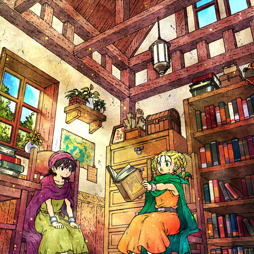 1boy 1girl belt bianca_(dq5) black_eyes black_hair blonde_hair blue_eyes book bookshelf bracelet braid cape dragon_quest dragon_quest_v earrings furniture green_cape hero_(dq5) highres holding holding_book indoors jewelry long_hair map plant planter purple_cape reading sitting toriga turban twin_braids twintails window younger