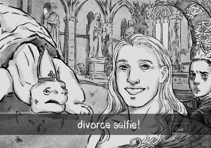 1boy 1girl bleue divorce_selfie_(meme) elden_ring greyscale grin hat highres meme miriel_pastor_of_vows mitre monochrome radagon_of_the_golden_order rennala_queen_of_the_full_moon smile statue subtitled turtle