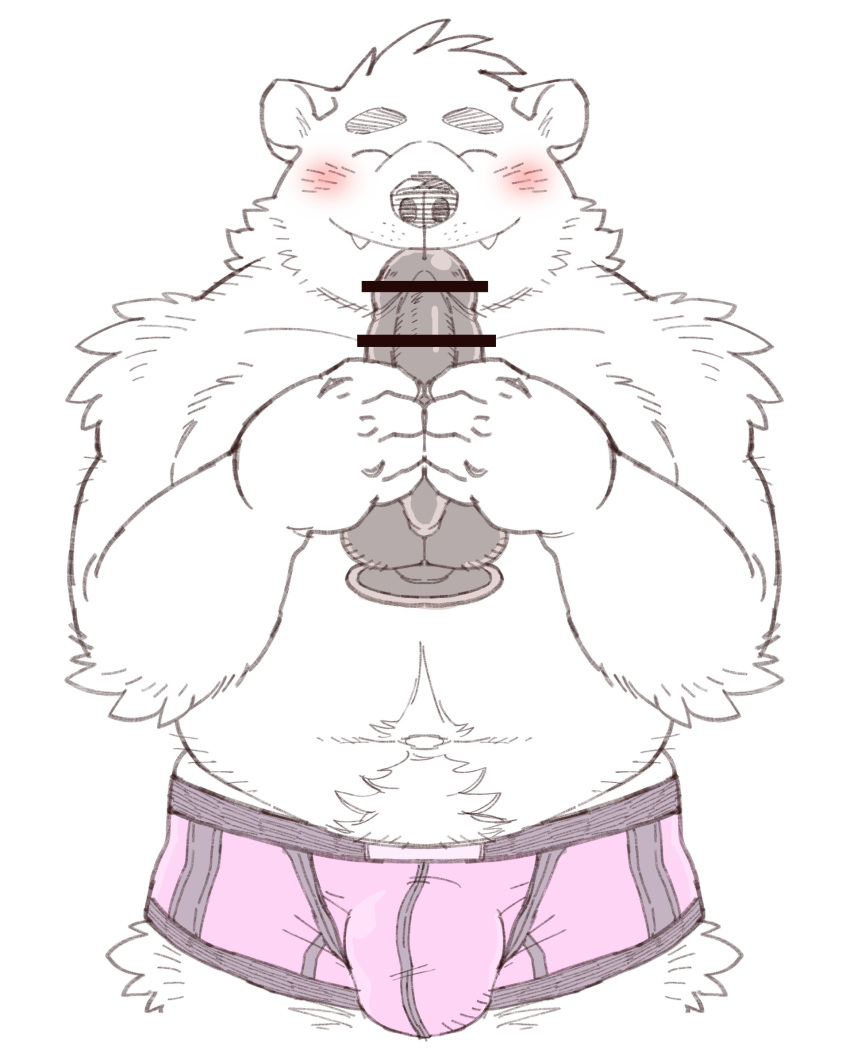 2022 absurd_res anthro belly big_belly black_nose blush bulge censored clothing cute_fangs dildo fur hi_res humanoid_hands kemono male mammal navel overweight overweight_male polar_bear ryuta-h sex_toy simple_background solo underwear ursid ursine white_background white_body white_fur