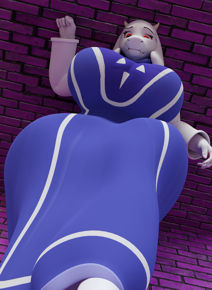 3d_(artwork) absurd_res anthro big_breasts boss_monster bovid breasts caprine clothed clothing digital_media_(artwork) female goat growth hi_res huge_breasts looking_at_viewer macro mammal mature_anthro mature_female mikesmike size_difference solo thick_thighs toriel undertale undertale_(series) video_games