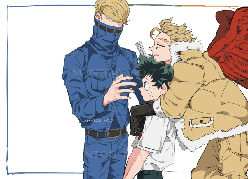 3boys artist_name belt best_jeanist blonde_hair boku_no_hero_academia brown_belt comb commentary_request covered_mouth denim denim_jacket feathered_wings freckles fur-trimmed_jacket fur_trim green_eyes green_hair green_pants hawks_(boku_no_hero_academia) high_collar holding holding_comb jacket jeans looking_at_another looking_up male_focus mantos_no.7 midoriya_izuku multiple_boys necktie open_mouth pants red_necktie red_wings shirt short_hair short_sleeves simple_background standing sweat thai_commentary watermark white_background white_shirt wings yellow_jacket yellow_pants