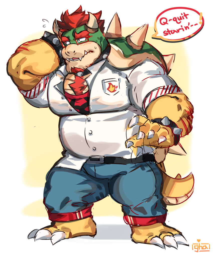 absurd_res belt blush body_hair bottomwear bowser chest_hair claws clothing english_text eyewear facial_hair glasses goatee graysheartart hi_res horn koopa male mario_bros nintendo pants scalie shell shirt solo spikes text topwear video_games