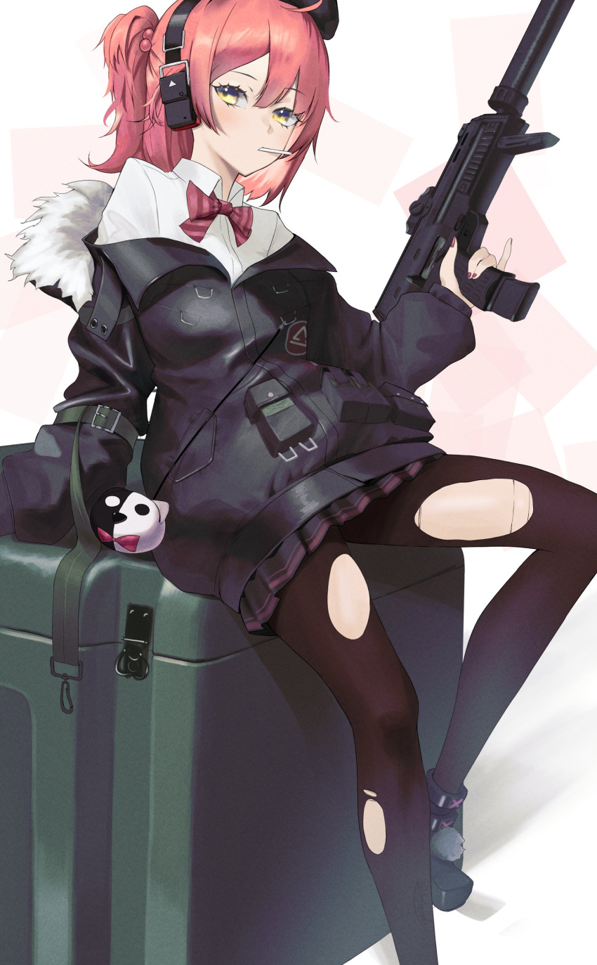 1girl absurdres ahoge beret candy food girls'_frontline gun h&amp;k_mp7 hat highres hood hooded_jacket jacket lollipop medium_hair mp7_(girls'_frontline) pantyhose pleated_skirt red_hair red_nails saturndxy side_ponytail skirt solo submachine_gun suppressor torn_clothes torn_legwear trigger_discipline weapon yellow_eyes