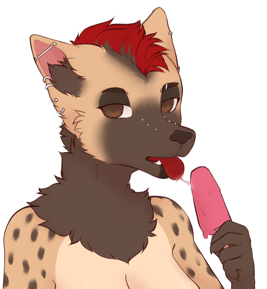 absurd_res alpha_channel anthro bodily_fluids ear_piercing facial_piercing female food gynomorph herm hi_res hyaenid intersex mammal neoma_(neoma_ireto) nose_piercing oral piercing popsicle saliva saliva_on_tongue saliva_string solo spotted_hyena unknown_artist