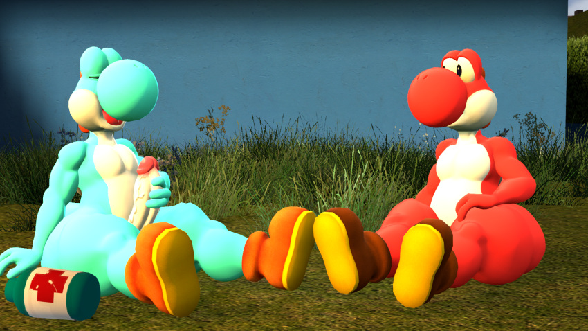 16:9 3d_(artwork) anthro astro_catmew big_nose boots boots_only clothing digital_media_(artwork) duo erection footwear footwear_only front_view genitals grass hand_on_leg hand_on_thigh hi_res looking_at_another male male/male mario_bros masturbation moan mostly_nude nintendo penile penile_masturbation penis plant public public_nudity relaxed_expression relaxing side_butt sitting sitting_on_grass sitting_on_ground source_filmmaker super_smash_bros. surprised_expression thick_thighs vein veiny_penis video_games wide_hips widescreen yoshi yoshi_(character)