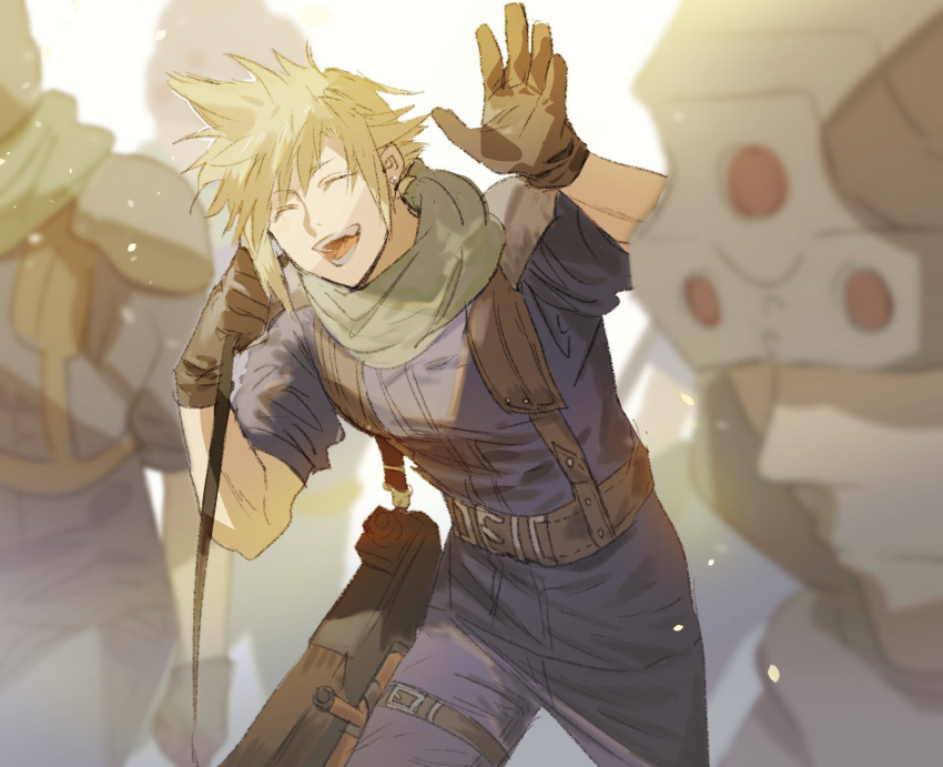 4boys belt blonde_hair blue_pants blue_shirt closed_eyes cloud_strife commentary final_fantasy final_fantasy_vii gloves gun_case hair_between_eyes helmet highres holding holding_weapon lower_teeth mikuroron multiple_boys open_mouth pants shirt sleeves_rolled_up smile spiked_hair suspenders teeth thigh_strap upper_body upper_teeth waving weapon white_background younger
