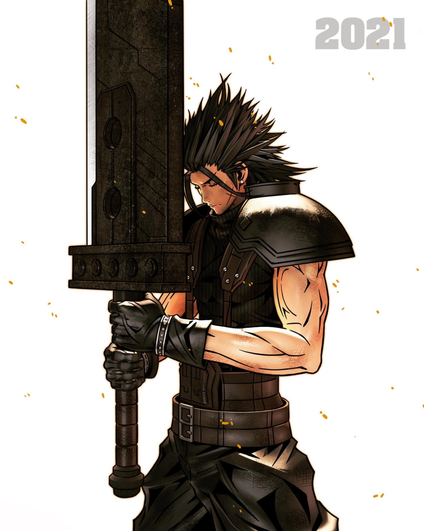 1boy armor baggy_pants belt black_hair buster_sword closed_eyes earrings final_fantasy final_fantasy_vii final_fantasy_vii_remake gloves highres holding holding_sword holding_weapon jewelry ldawb medium_hair multiple_belts muscular muscular_male pants scar scar_on_cheek scar_on_face shoulder_armor sideburns single_earring sleeveless sleeveless_turtleneck solo spiked_hair suspenders sword turtleneck upper_body weapon white_background zack_fair