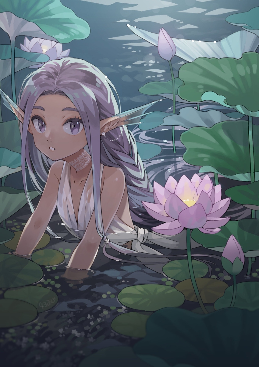 1girl 43 :o absurdres animal_ears bare_shoulders braid braided_ponytail bud choker ear_piercing eyelashes flower halterneck head_fins highres lace lace_choker leaf lily_pad linked_piercing long_hair looking_at_viewer mermaid monster_girl nature night original outdoors partially_submerged piercing pink_flower pond purple_eyes purple_hair shirt side-tie_shirt single_braid sleeveless solo upper_body water white_shirt