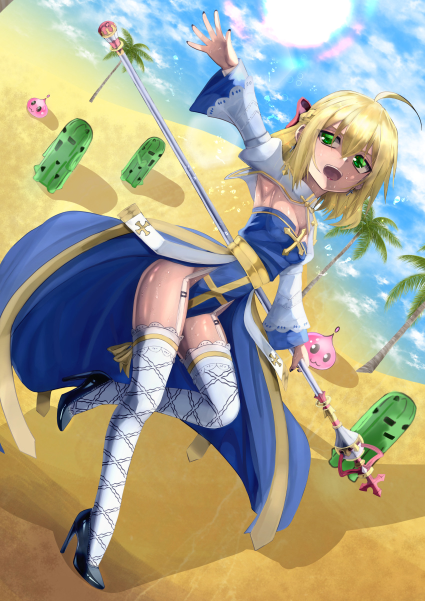 1girl absurdres ahoge arch_bishop_(ragnarok_online) armpits blonde_hair breasts cape cleavage cloud collar desert detached_sleeves flying_sweatdrops garter_belt garter_straps garterbelt_(psg) hair_ribbon high_heels highres long_sleeves open_mouth outstretched_arms palm_tree pantyhose ragnarok_online ribbon running shiny shiny_skin short_hair sky small_breasts staff sun sweat taekmackker thai_text tree uniform wet