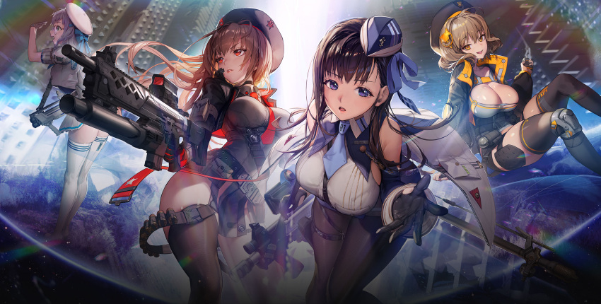 4girls ammunition_belt anis_(goddess_of_victory:_nikke) artist_request ass_visible_through_thighs assault_rifle bangs bare_shoulders belt beret black_gloves black_hair black_legwear black_shorts blue_ribbon blush bow bowl bowl_hat breasts brown_hair cleavage cleavage_cutout clothing_cutout eyebrows_visible_through_hair garters glasses gloves goddess_of_victory:_nikke green_eyes gun hair_ornament hat highres holding holding_gun holding_weapon holster jacket large_breasts leaning_forward leg_belt lipstick long_hair long_sleeves looking_ahead looking_at_viewer makeup marian_(goddess_of_victory:_nikke) military_hat miniskirt multicolored_clothes multiple_girls necktie neon_(goddess_of_victory:_nikke) no_bra official_art open_clothes open_jacket outdoors panorama pantyhose parted_lips purple_eyes rapi_(goddess_of_victory:_nikke) red_eyes red_necktie ribbon rifle ruins sailor_collar salute shirt short_shorts short_sleeves shorts sitting skindentation skirt smile standing thigh_holster thigh_strap thighhighs thighs uniform weapon weapon_on_back white_hair white_jacket white_shirt white_skirt