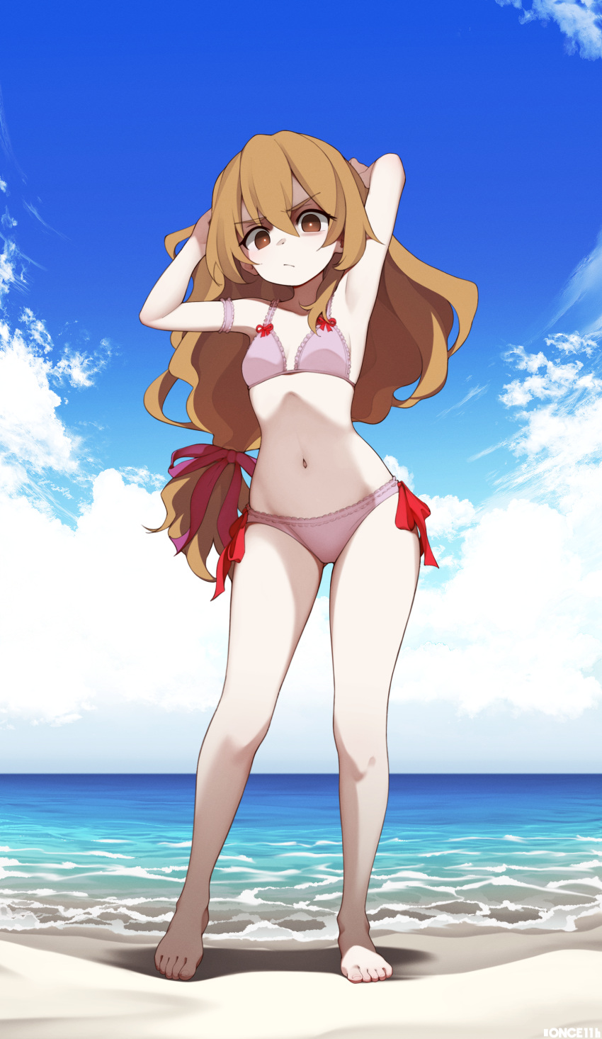 1girl :/ absurdres aisaka_taiga armband armpits arms_up artist_logo ass_visible_through_thighs bangs bare_shoulders beach bikini bow bow_bikini breasts bright_pupils brown_eyes closed_mouth cloud cloudy_sky collarbone commission commissioner_upload day flipped_hair frilled_armband frilled_bikini frills full_body groin hair_between_eyes hair_bow hair_ornament hair_ribbon highres lavender_bikini light_brown_hair light_frown long_hair looking_at_viewer low_ponytail navel non-web_source ocean once_11h red_bow red_ribbon ribbon sand sidelocks sky small_breasts solo standing stomach swimsuit toradora! very_long_hair wavy_hair white_pupils