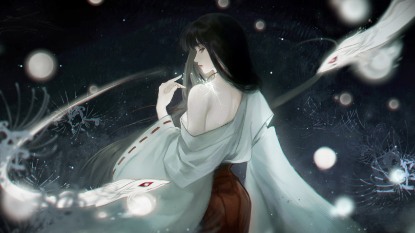 1girl absurdres back black_hair dark_background expressionless flower hakama highres inuyasha japanese_clothes kikyou_(inuyasha) light ponytail raykiiii solo spirit splashing