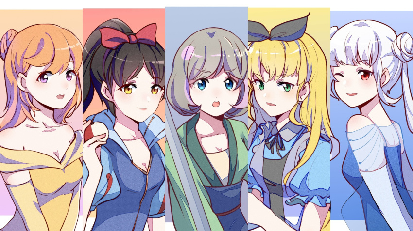 5girls alice_(alice_in_wonderland) alice_(alice_in_wonderland)_(cosplay) alice_in_wonderland apple arashi_chisato bangs beauty_and_the_beast belle_(disney) belle_(disney)_(cosplay) black_hair black_ribbon blonde_hair blue_dress blue_eyes bow breasts brown_eyes chinese_clothes cleavage collarbone column_lineup cosplay country_connection diao_mao_de_yu_shushu disney dress elsa_(frozen) elsa_(frozen)_(cosplay) eyebrows_visible_through_hair fa_mulan_(disney) fa_mulan_(disney)_(cosplay) food from_side frozen_(disney) fruit green_eyes grey_hair hair_behind_ear hair_bow hair_bun hair_ribbon hazuki_ren heanna_sumire highres holding holding_food holding_fruit holding_sword holding_weapon long_hair looking_at_viewer love_live! love_live!_superstar!! medium_breasts medium_hair mulan multicolored_hair multiple_girls off-shoulder_dress off_shoulder one_eye_closed open_mouth ponytail puffy_short_sleeves puffy_sleeves purple_eyes purple_hair red_bow ribbon shibuya_kanon short_hair short_sleeves smile snow_white_(disney) snow_white_(disney)_(cosplay) snow_white_and_the_seven_dwarfs streaked_hair sword tang_keke v-shaped_eyebrows weapon white_hair yellow_dress yellow_eyes